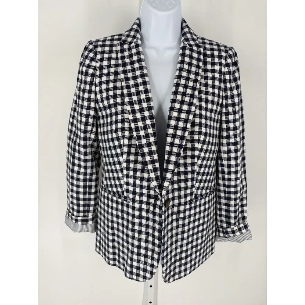 Navy White Gingham Blazer | Checkered Lightweight Jacket